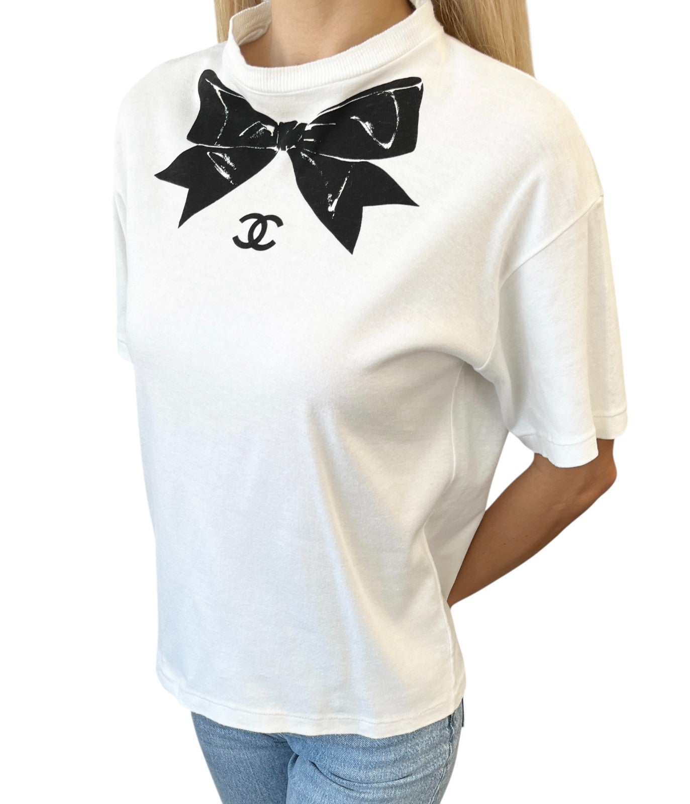 CHANEL Vintage CC Logo Bow Graphic Crewneck T-shirt Top #M White Cotton Ribbon