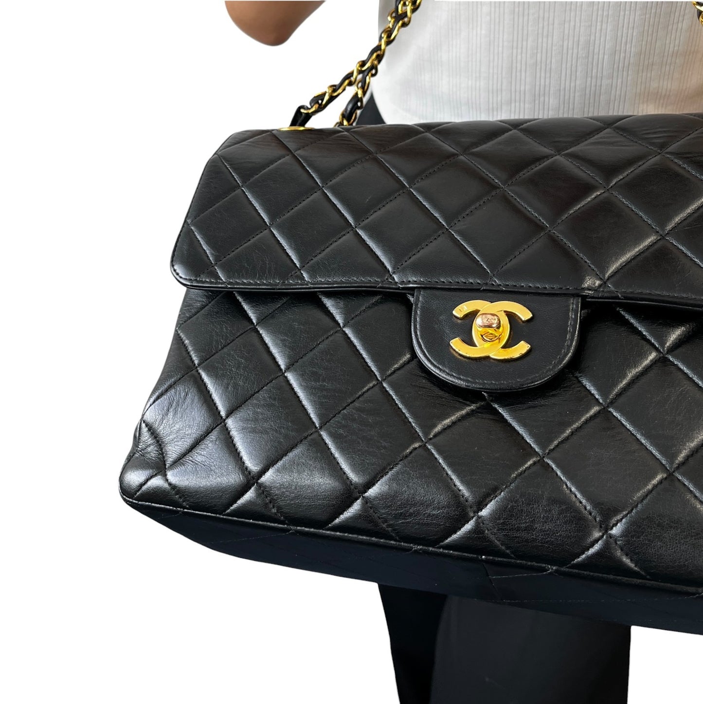 CHANEL Vintage CC Logo Quilted Double Flap Shoulder Bag Black Leather 902285