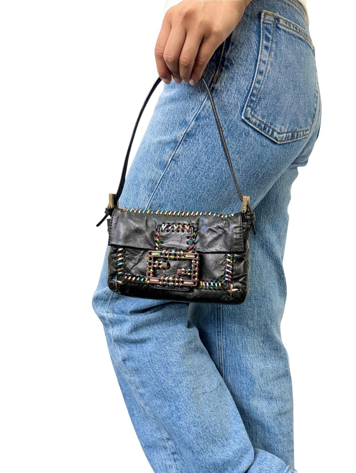 FENDI Vintage Mamma Baguette Multicolor Whipstitch Mini Bag Black 901874