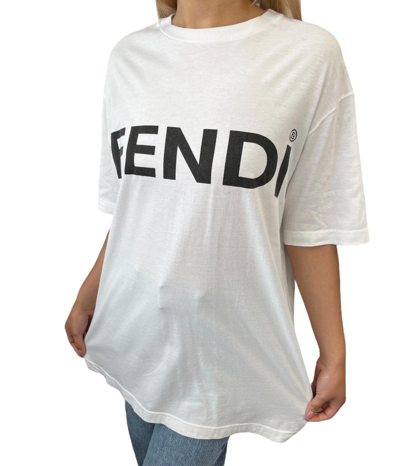FENDI Vintage Big Logo Oversized T-shirt #42 Short Sleeve Top White Black Cotton