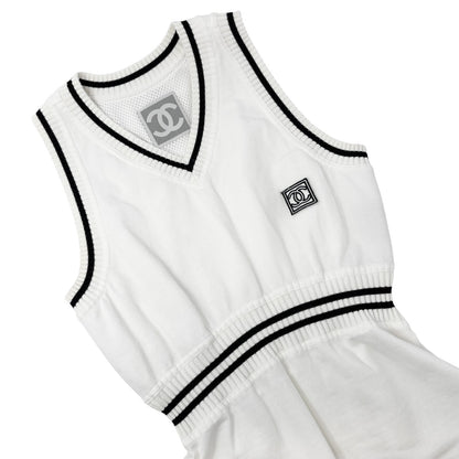 CHANEL Sport Vintage 04S CC Logo Patch Tank Top Tunic #38 White Black Cotton