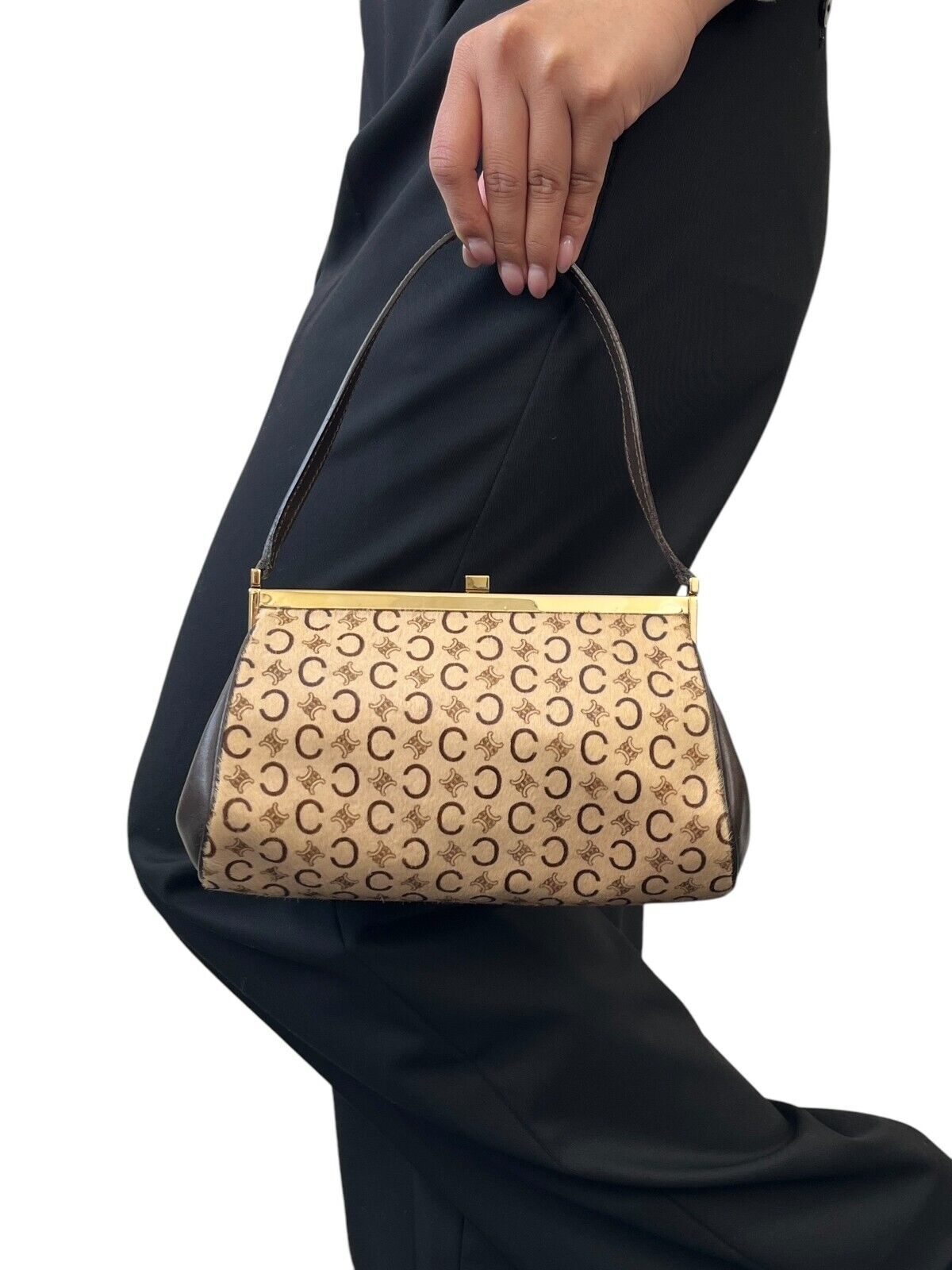 CELINE Vintage Macadam Monogram Logo Shoulder Bag Beige Brown Calf Hair Leather