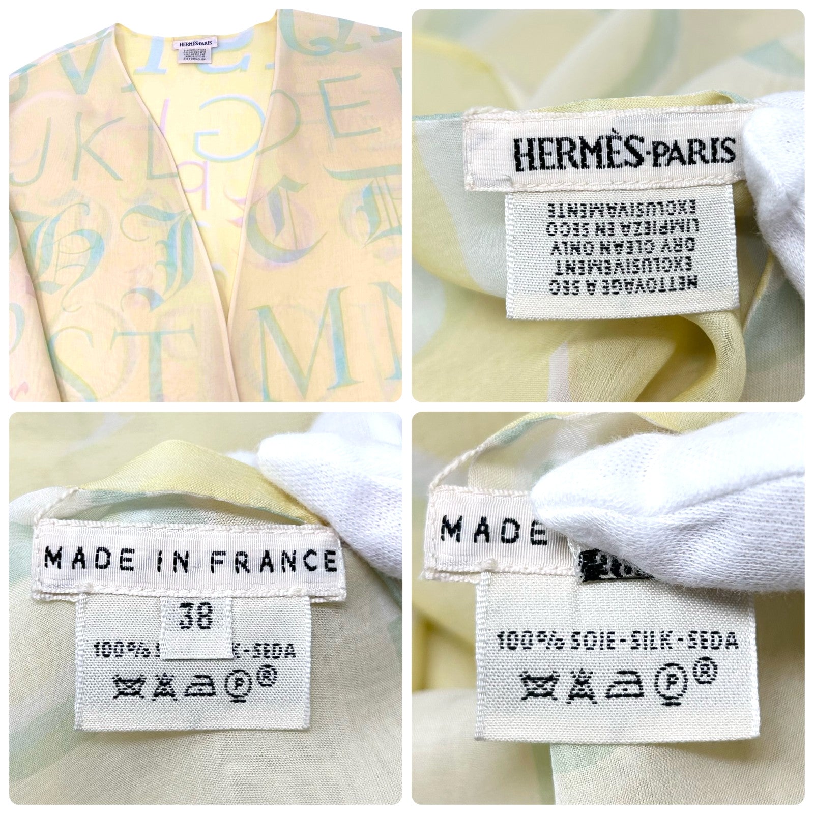 HERMES Vintage Logo Ensemble Set Shirt Sleeveless See-though #38 Yellow Silk