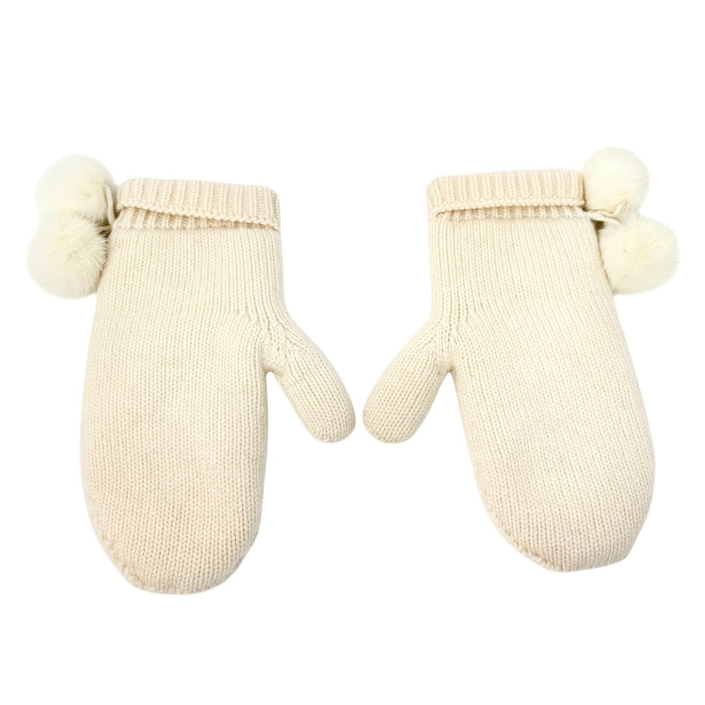 LOUIS VUITTON Vintage Cashmere Knit Gloves Mittens Mink Pompons Cream LV Logo
