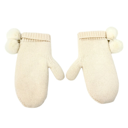 LOUIS VUITTON Vintage Cashmere Knit Gloves Mittens Mink Pompons Cream LV Logo