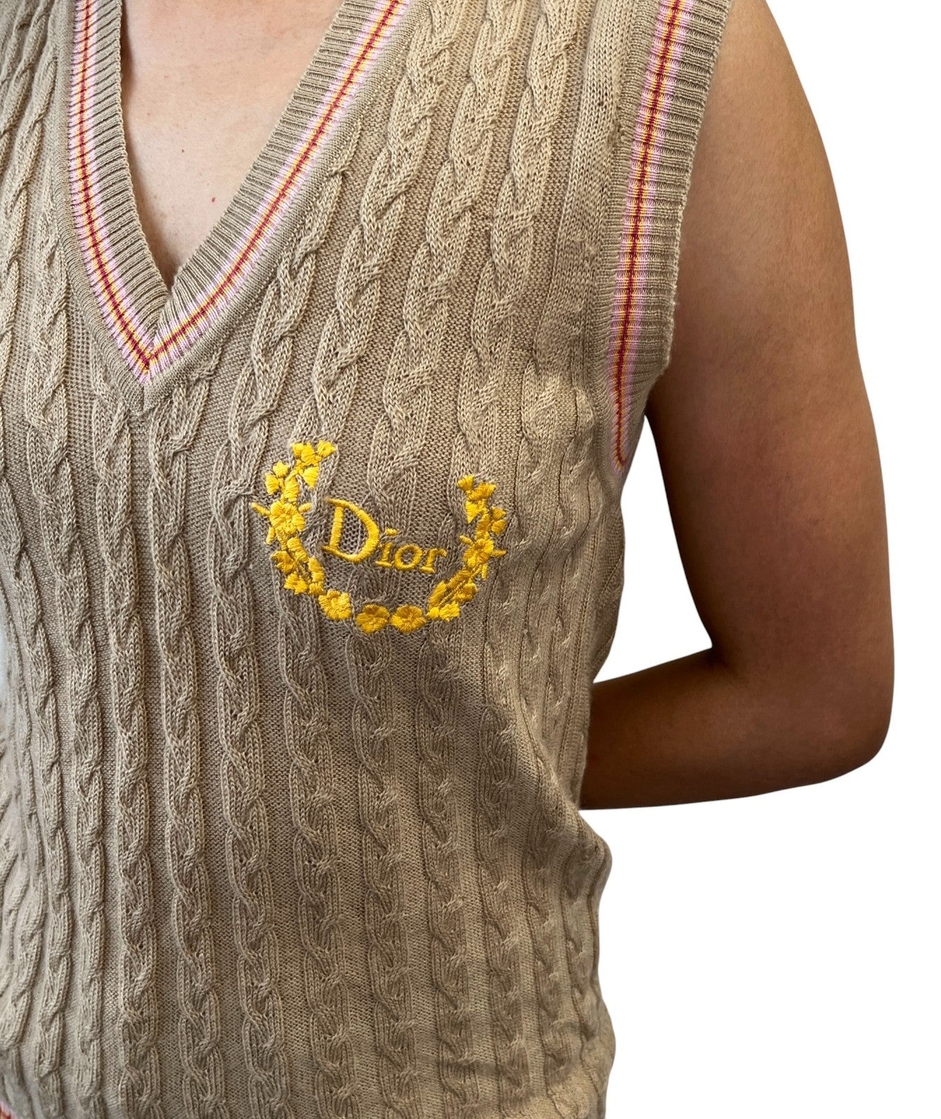 Christian Dior Vintage Logo Knit Top Vest Sweater #38 Sleeveless Beige 902083