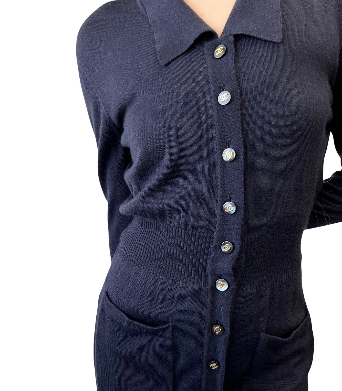 CHANEL Vintage 94A CC Button Cashmere Long Cardigan #40 Dark Blue Gold 902012