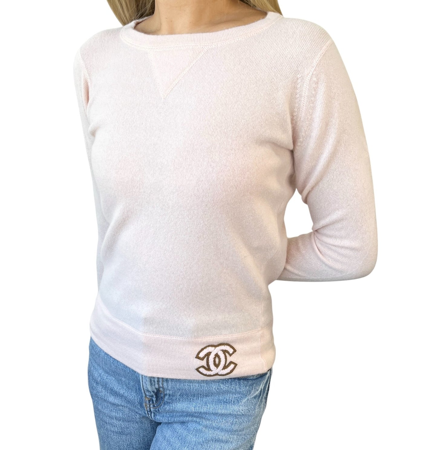 CHANEL Vintage 01A CC Mark Logo Long Sleeve Sweater Top #34 Pink Cashmere Knit