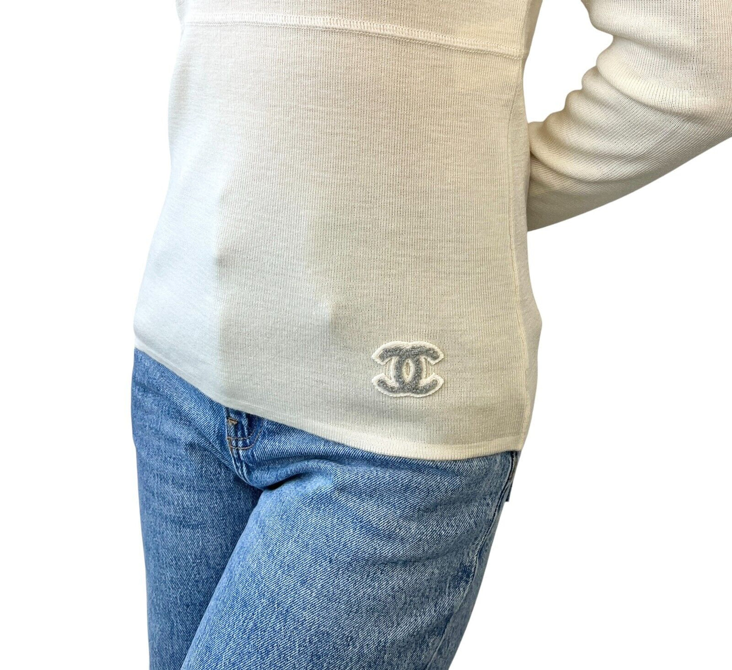 CHANEL Vintage 01A CC Mark Logo Knit Sweater #42 Long Sleeve Top Cream Wool