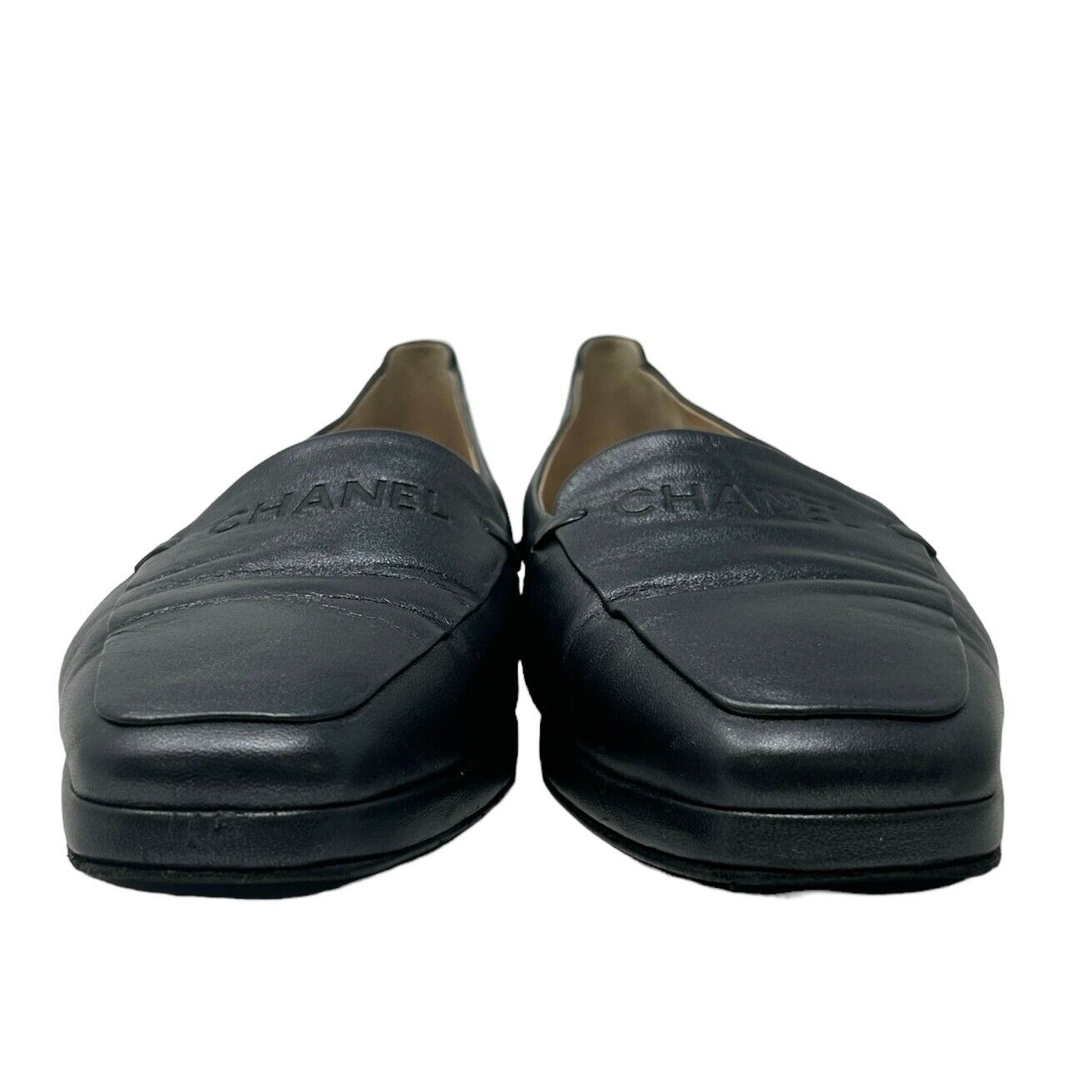 CHANEL Vintage Coco Mark Logo Pumps Loafer Flats #38 US 8 Black Leather RankAB