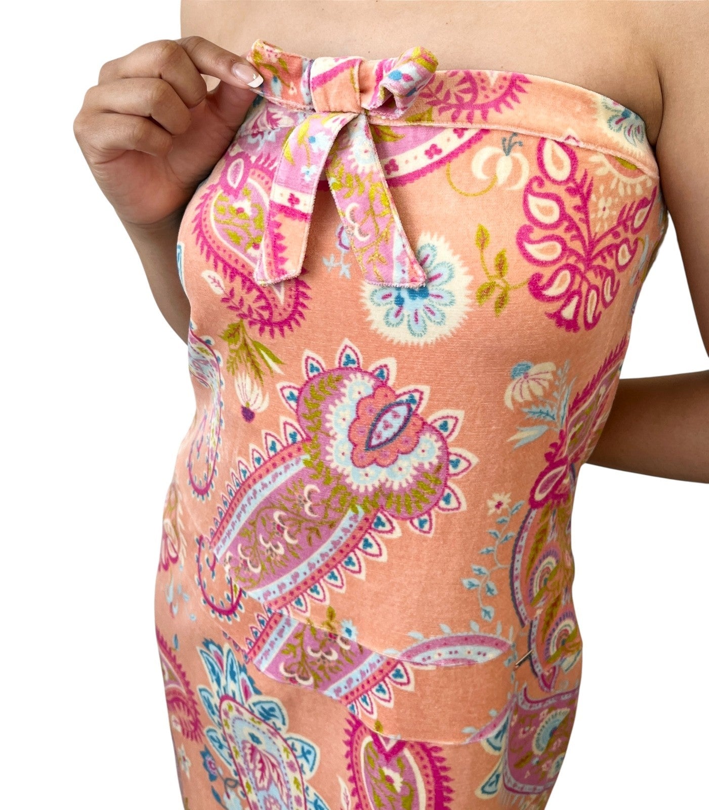 Christian Dior Vintage Velour Dress #40 One-Piece Paisley Ribbon Pink Cotton