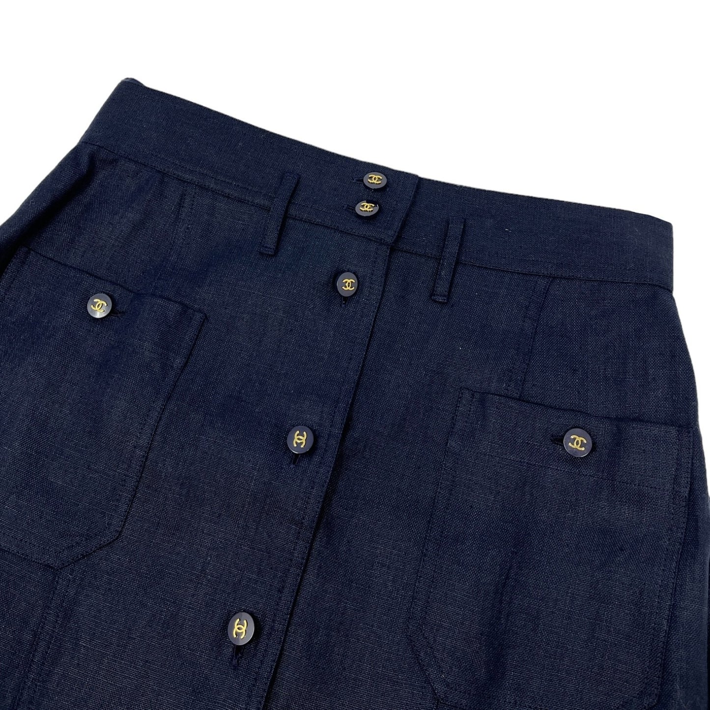 CHANEL Vintage CC Mark Button Linen Jacket Skirt Set #40 Dark Blue Rank AB+