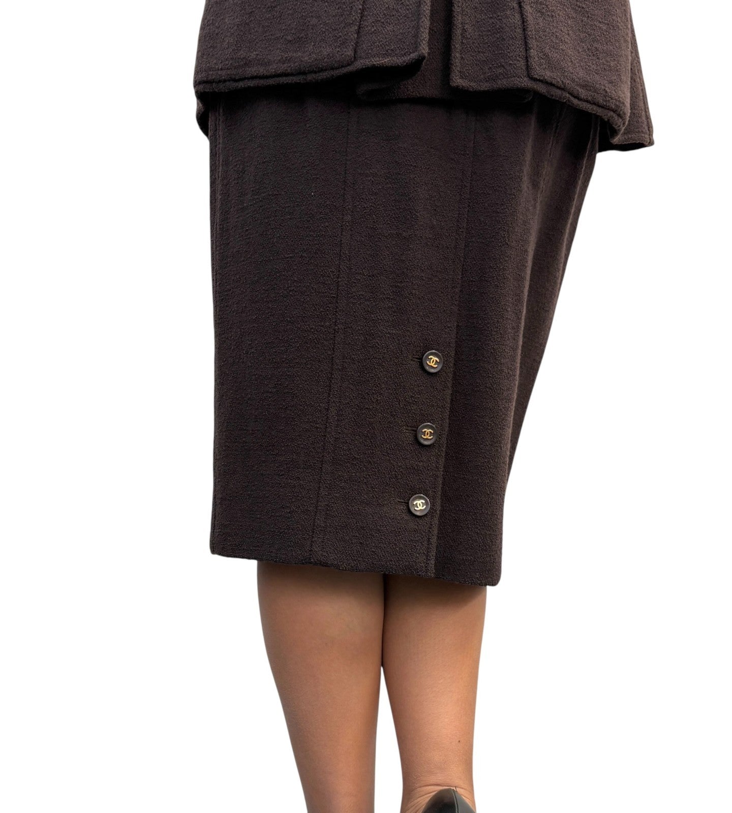CHANEL Vintage 95A Tweed Suits Jacket Skirt #40 Wool Button Brown Gold