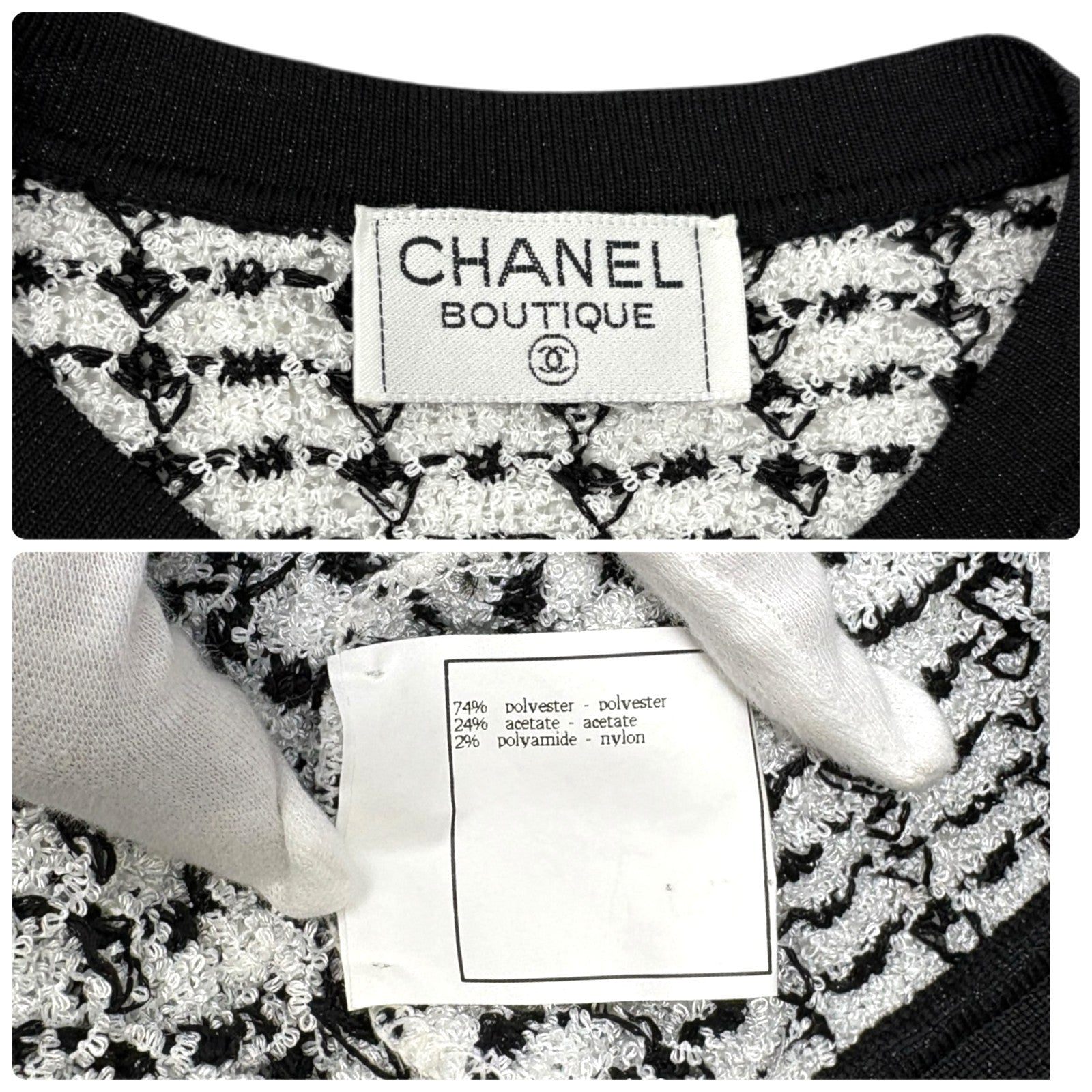 CHANEL Vintage 97P CC Logo Button Tweed Cardigan Sweater Top Black White