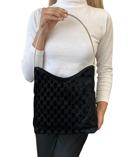 GUCCI Vintage GG Monogram Logo Velour Shoulder Bag Black Silver Handle 902088