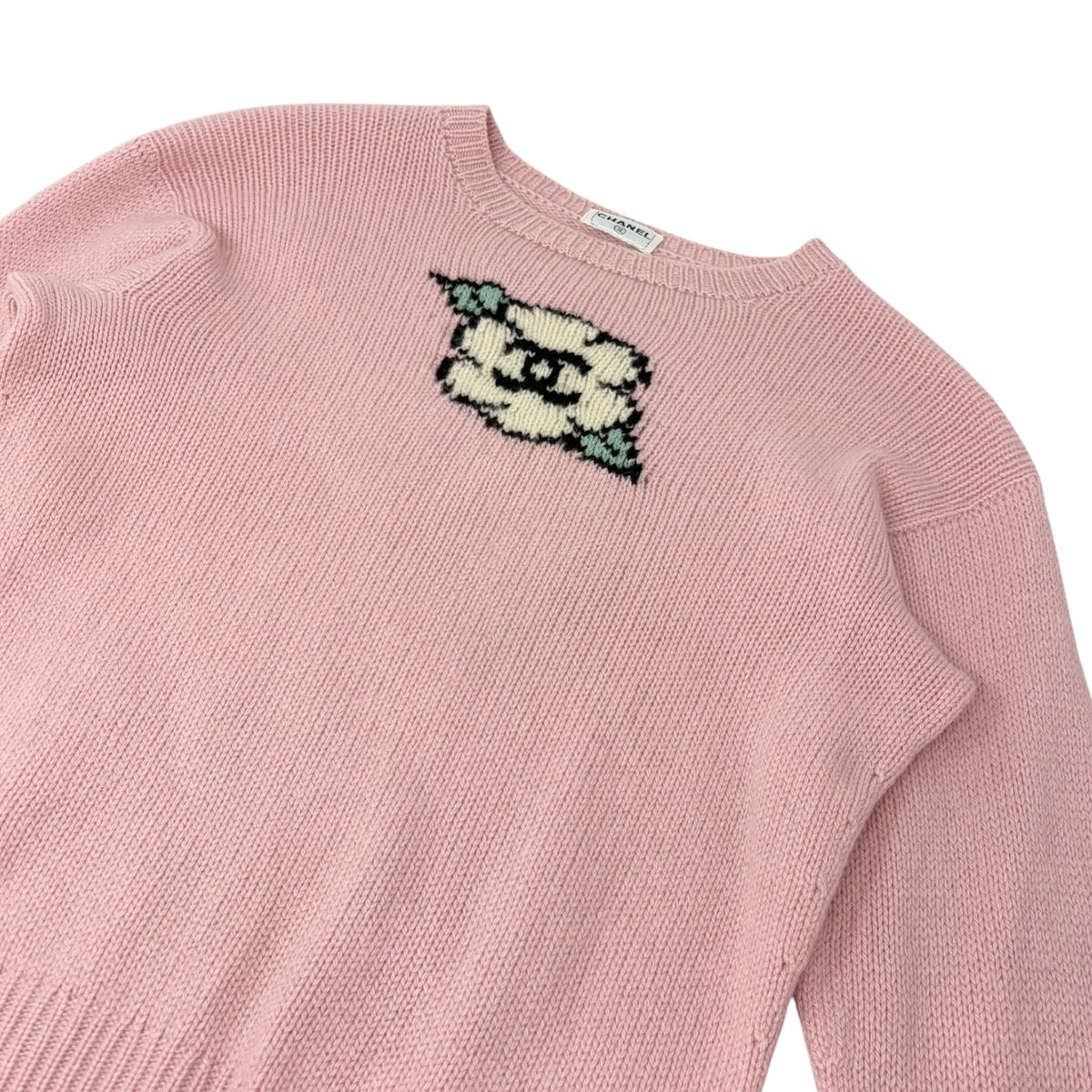 CHANEL Vintage 95A CC Logo Cashmere Knit Sweater Top Camellia #S Pink 902400