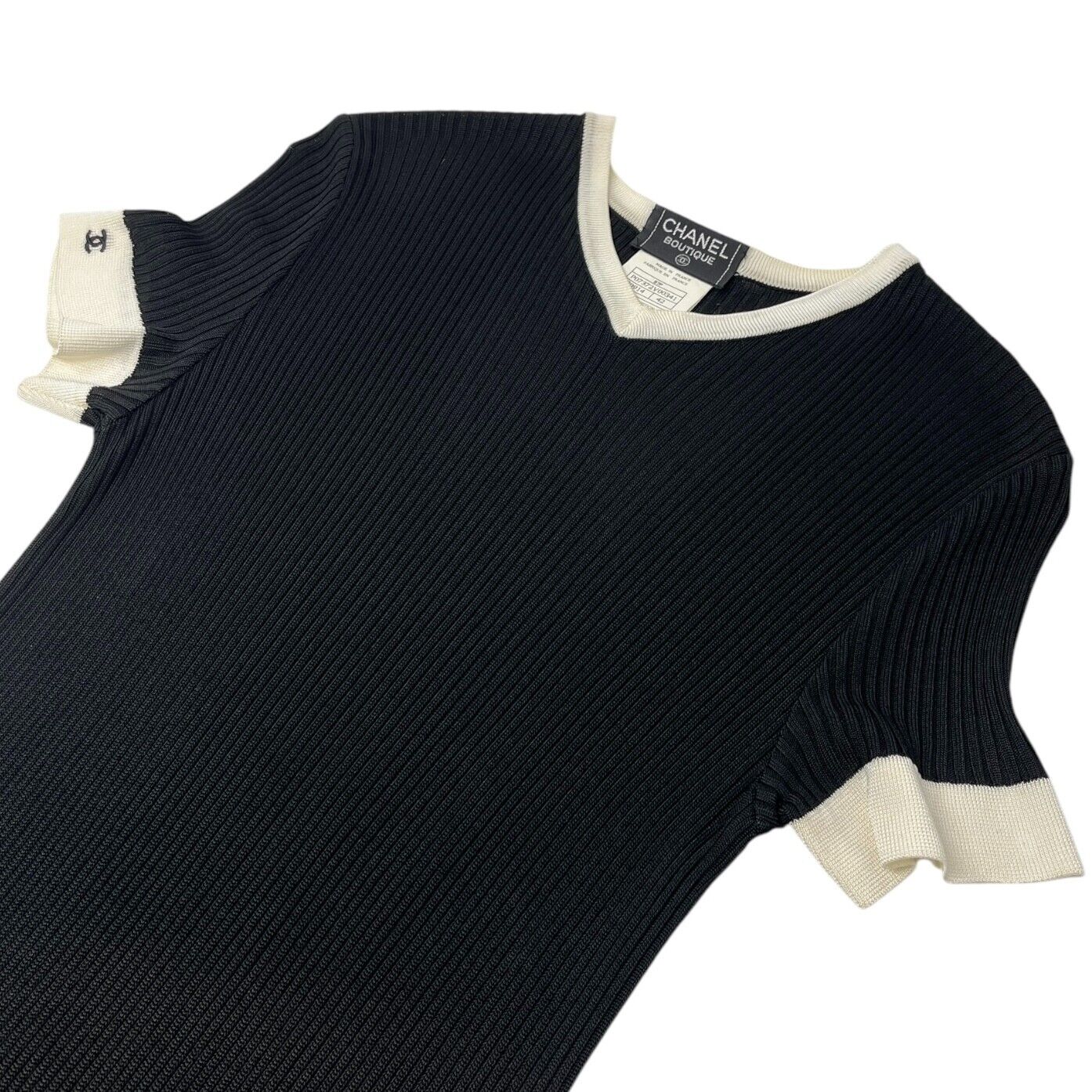CHANEL Vintage 97P CC Logo Ribbed Knit Dress One-piece #42 Black White Rayon