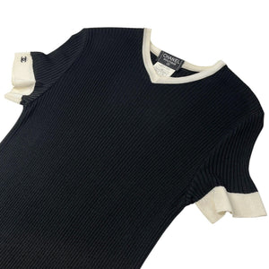 CHANEL Vintage 97P CC Logo Ribbed Knit Dress One-piece #42 Black White Rayon