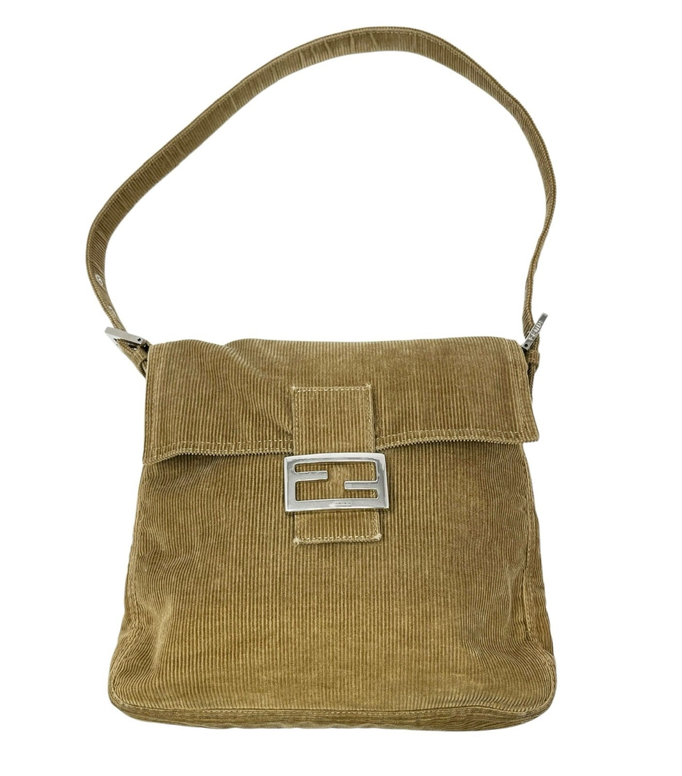 FENDI Vintage FF Logo Mamma Baguette Shoulder Bag Corduroy Brown Silver Cotton