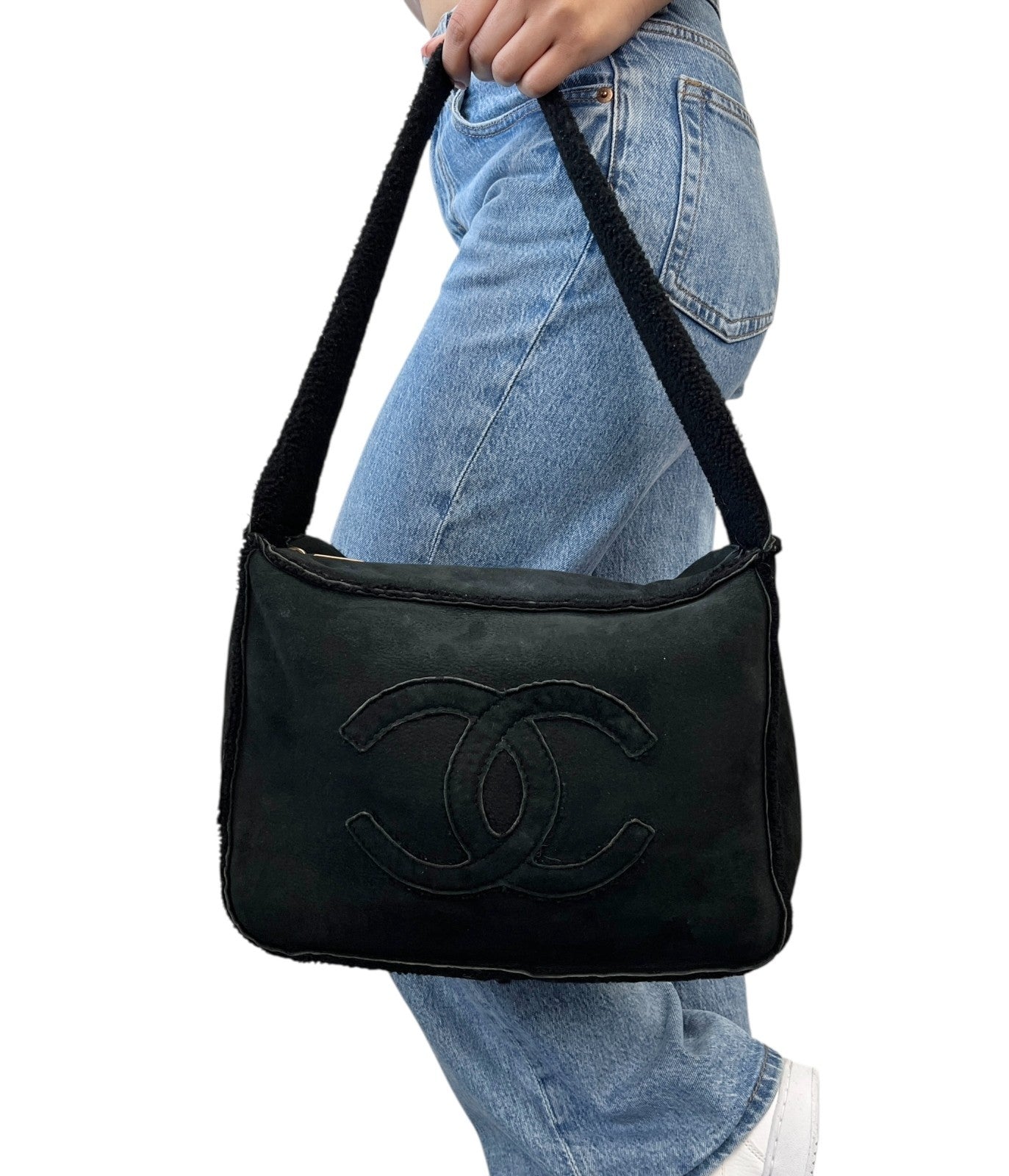 CHANEL Vintage Big CC Shearling Leather One Shoulder Bag Black Mouton Boa