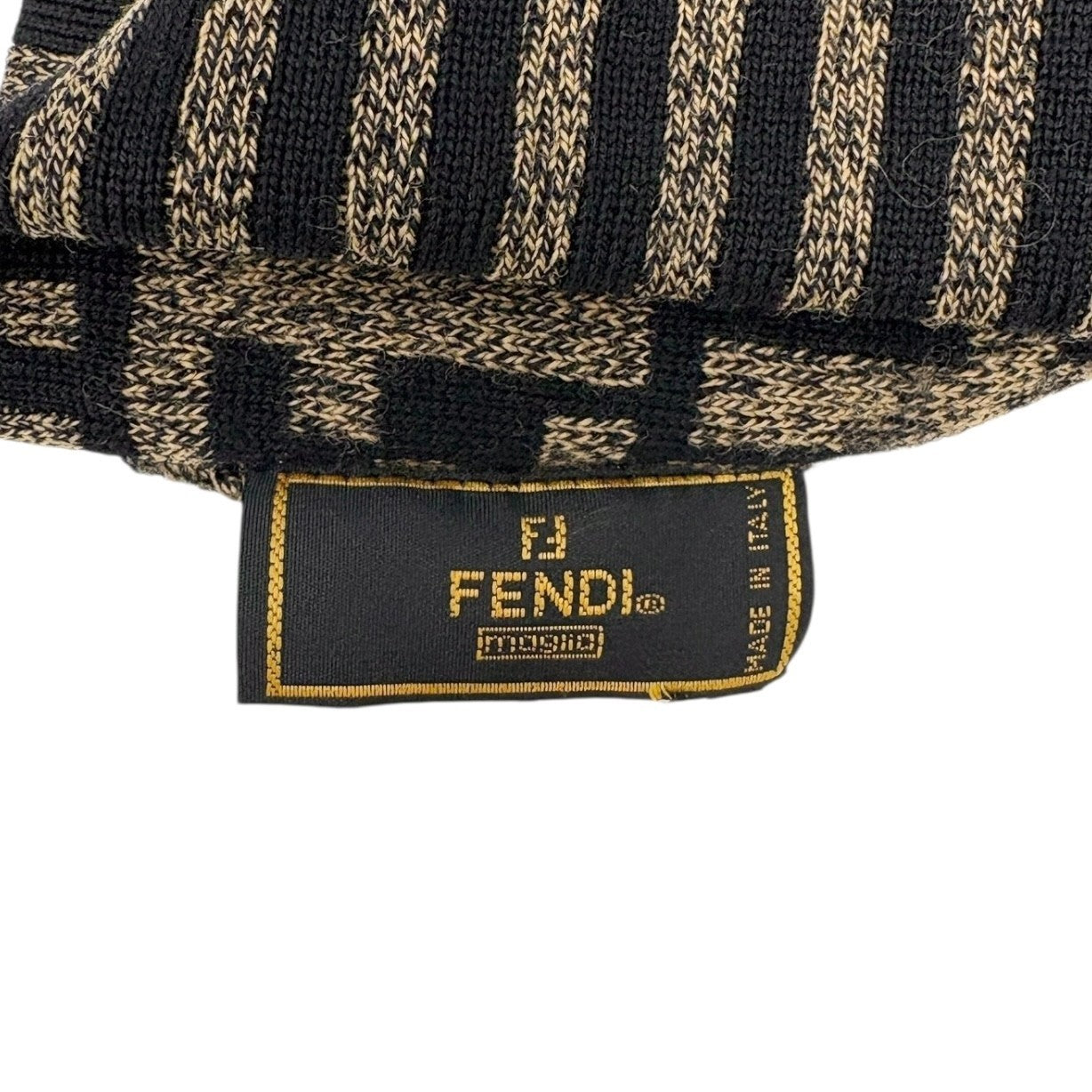 FENDI Vintage Zucca Knit Beanie Cap Stripe Brown Black FF Logo Monogram Wool