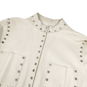 CELINE Vintage Logo Button Cropped Leather Jacket #38 Studs Cream Silver RankAB