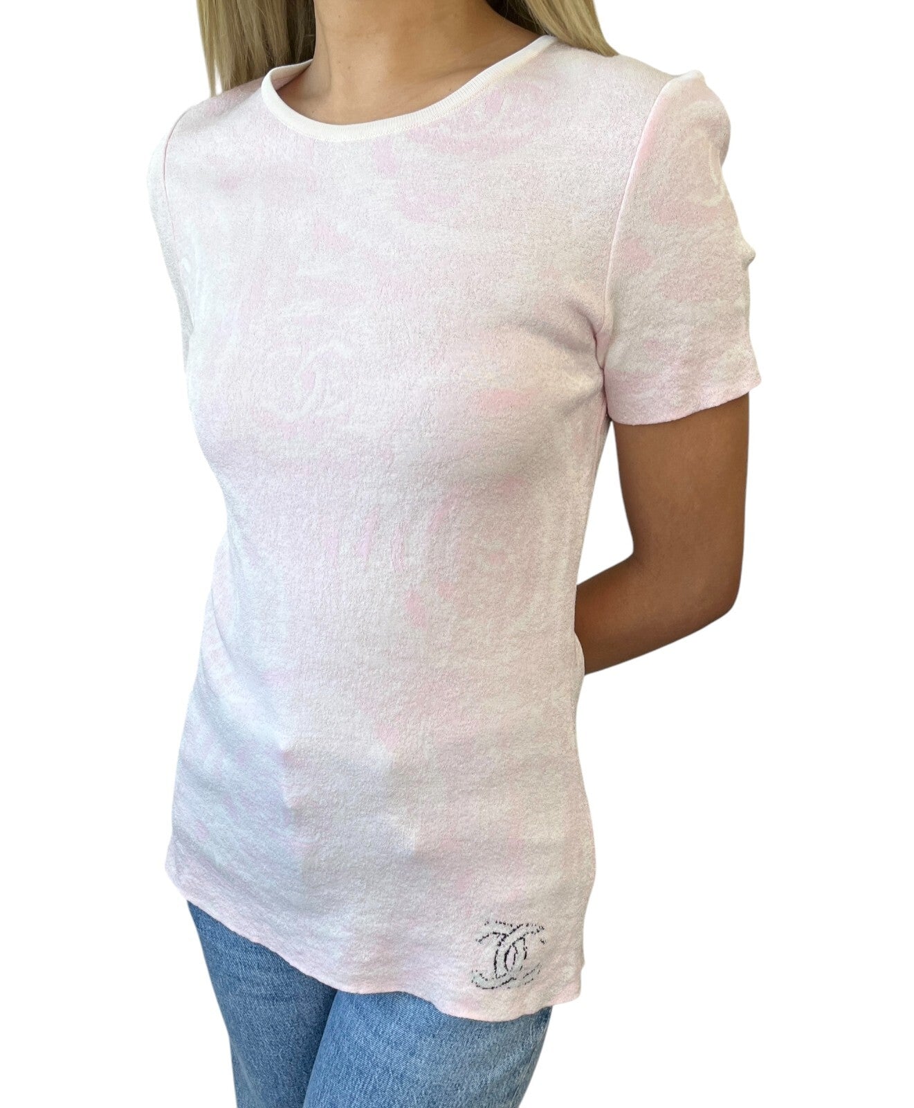 CHANEL Vintage 09C CC Logo T-shirt Knit Top #38 Pink Cotton Rose Short Sleeve