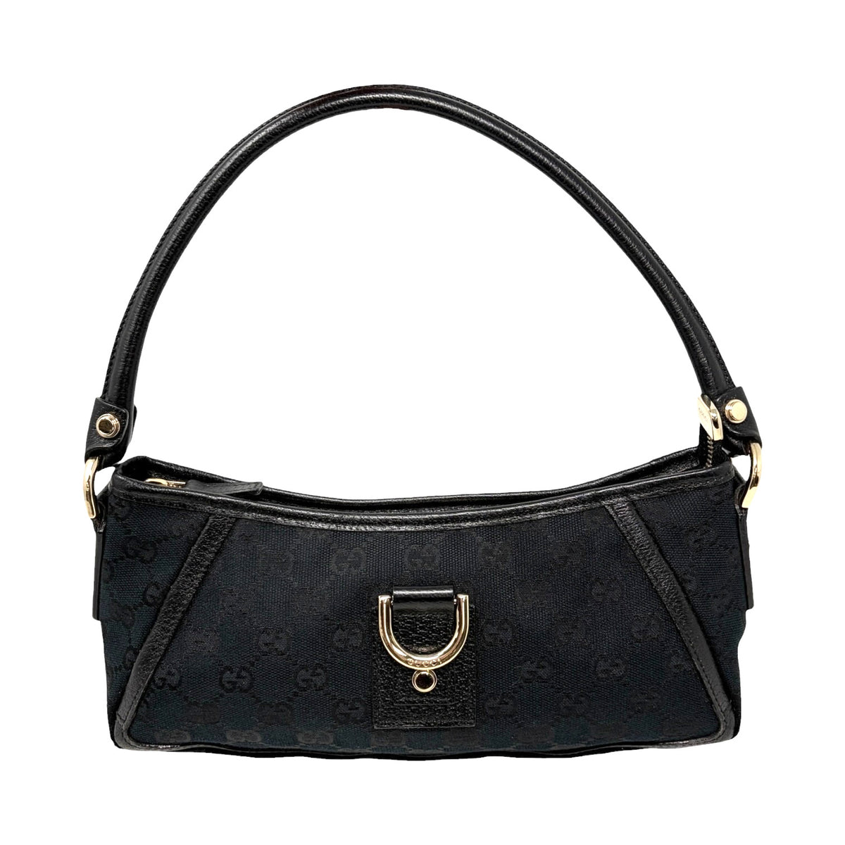 GUCCI Vintage GG Monogram Logo Abbey Bag Zip Black Gold Canvas Leather 902815