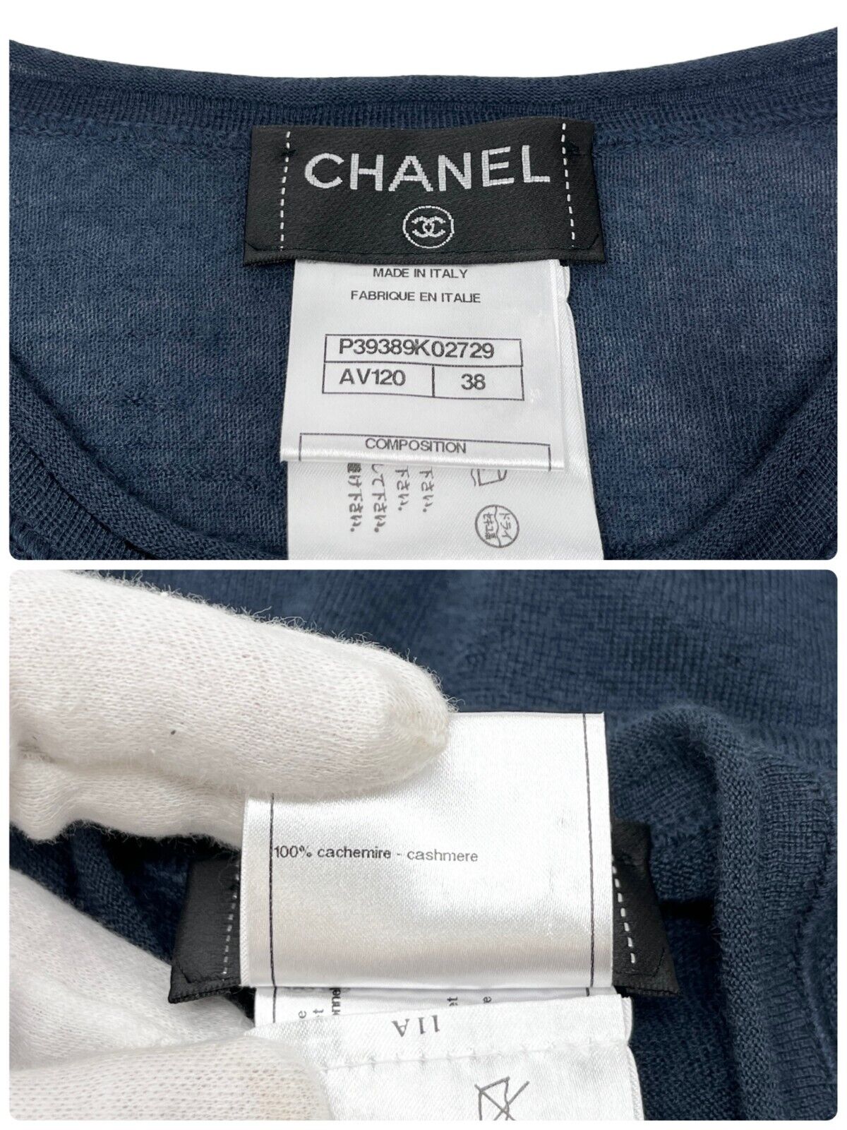 CHANEL Vintage P39389 CC Logo Cardigan #38 Knit Cashmere Navy Rank AB