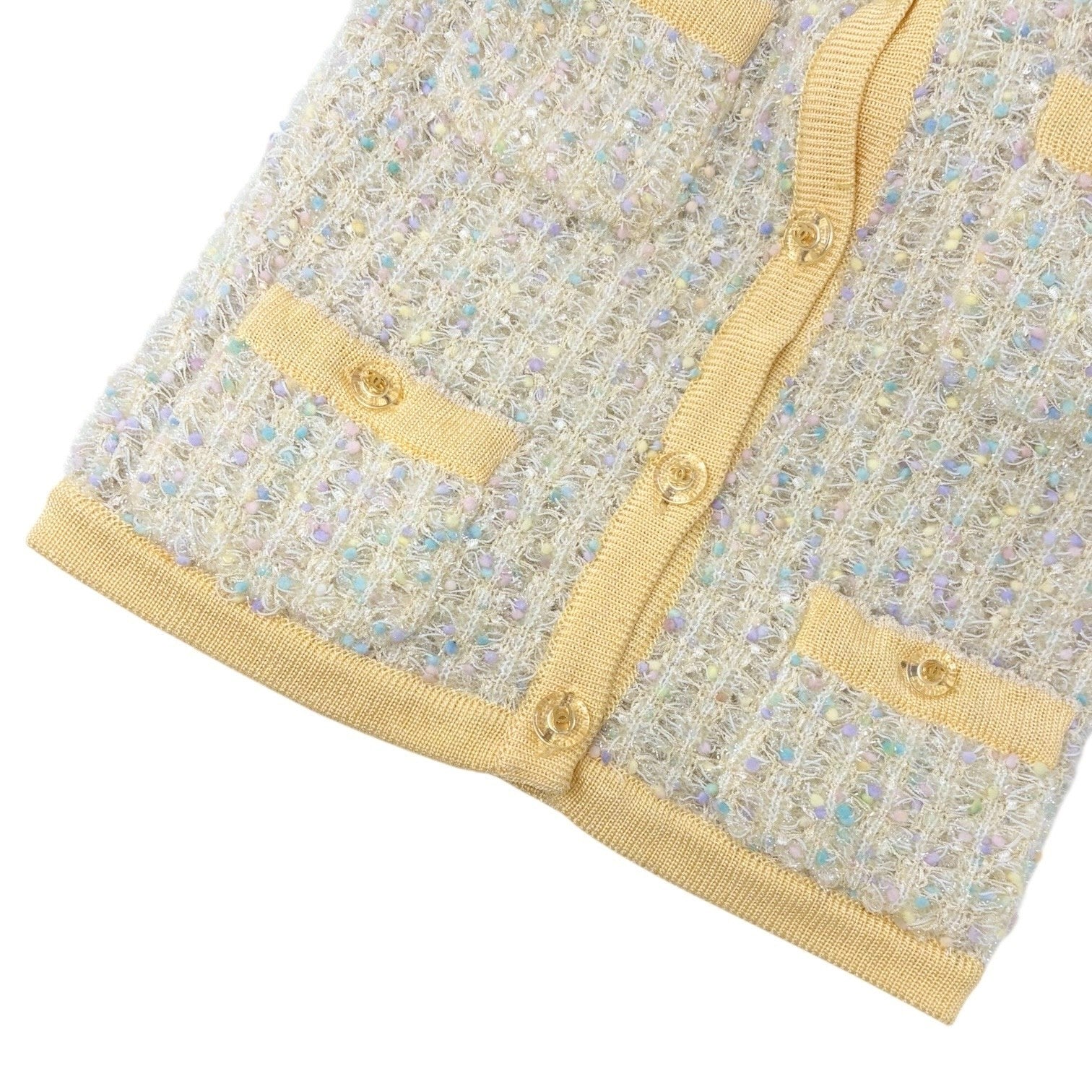 CHANEL Vintage 97P CC Mark Logo Tweed Cardigan #38 Sweater Yellow Nylon