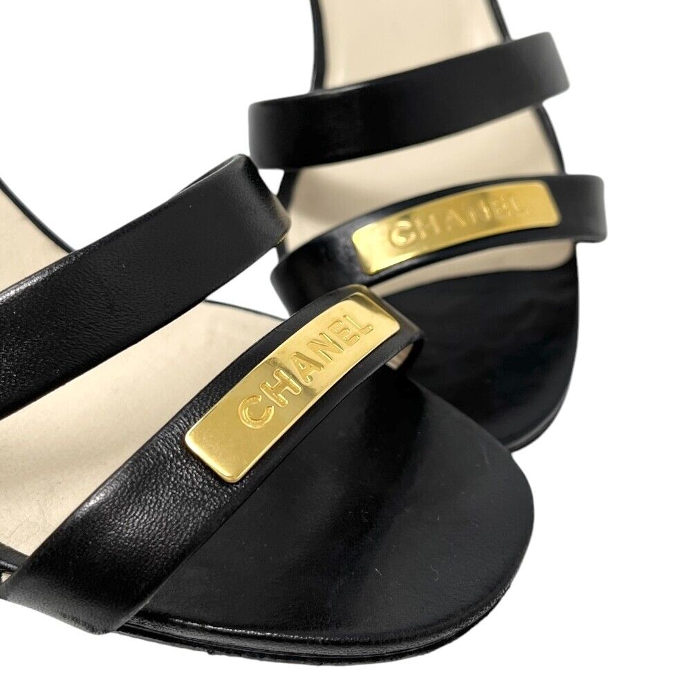 CHANEL Vintage 98P CC Logo Heels Mules Sandals #36.5-37 Black Gold Leather