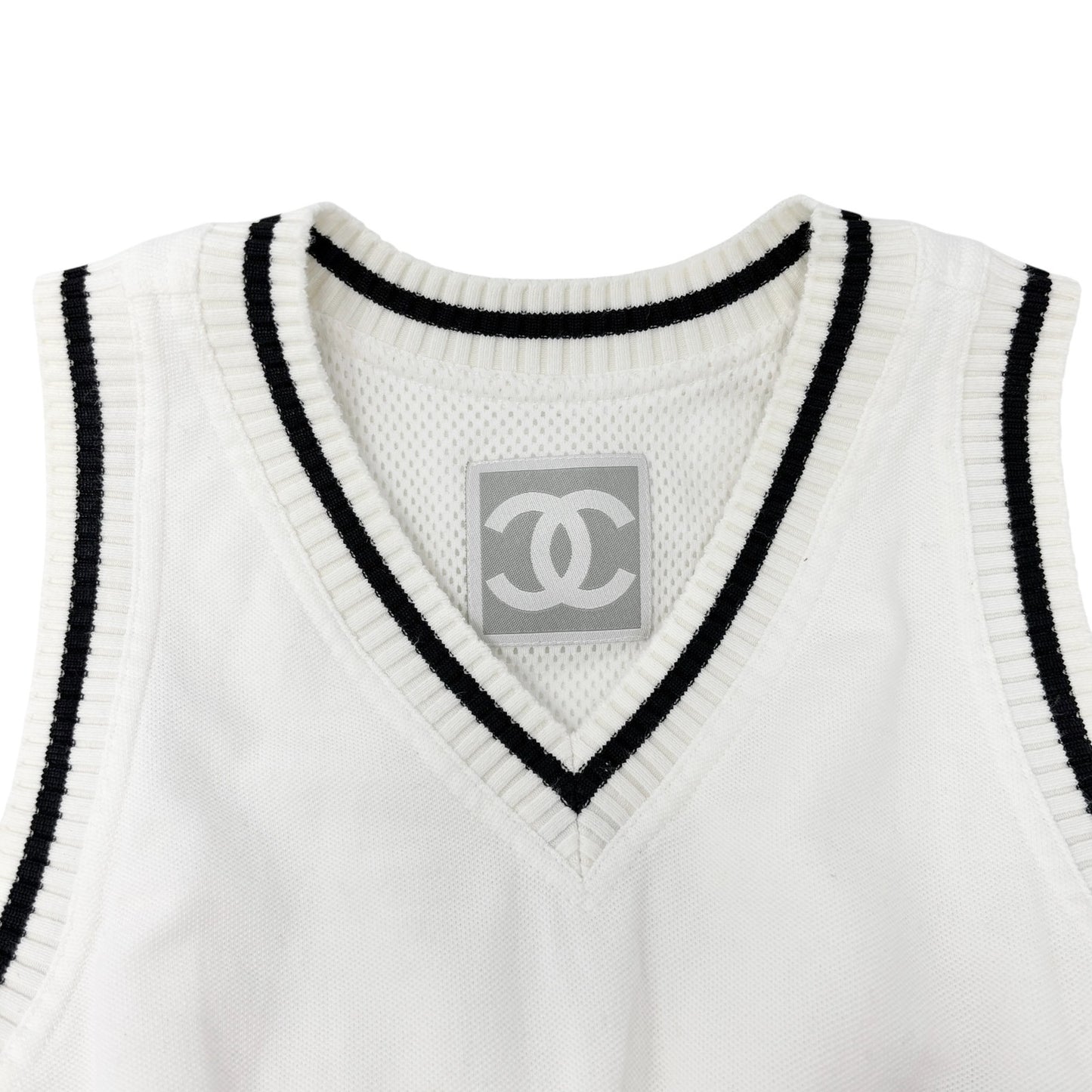 CHANEL Sport Vintage 04S CC Logo Patch Tank Top Tunic #38 White Black Cotton