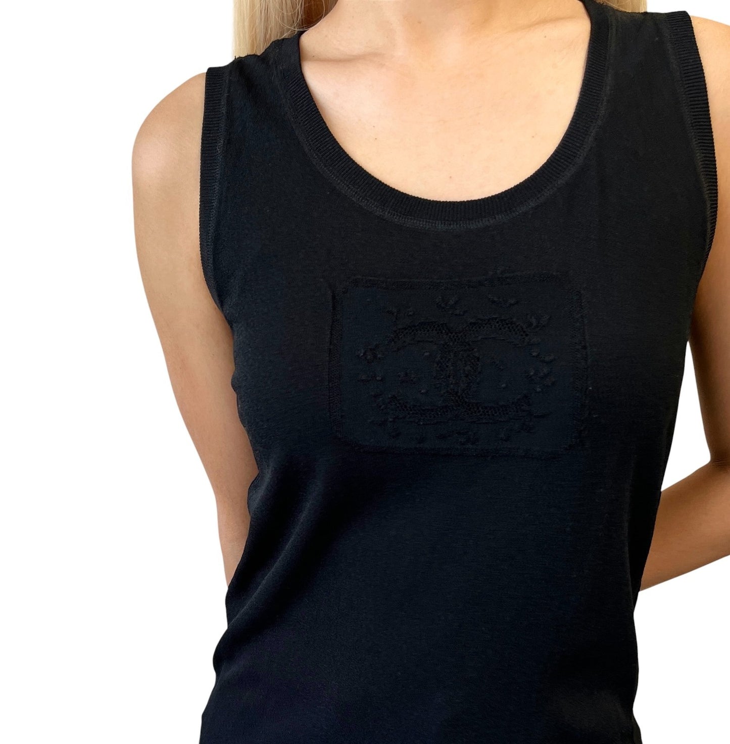 CHANEL Vintage 04C CC Logo Embroidered Knit Tank Top #42 Black 901993
