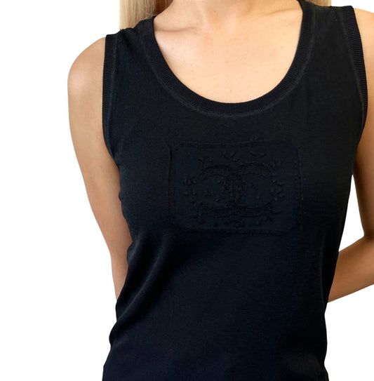 CHANEL Vintage 04C CC Logo Embroidered Knit Tank Top #42 Black 901993