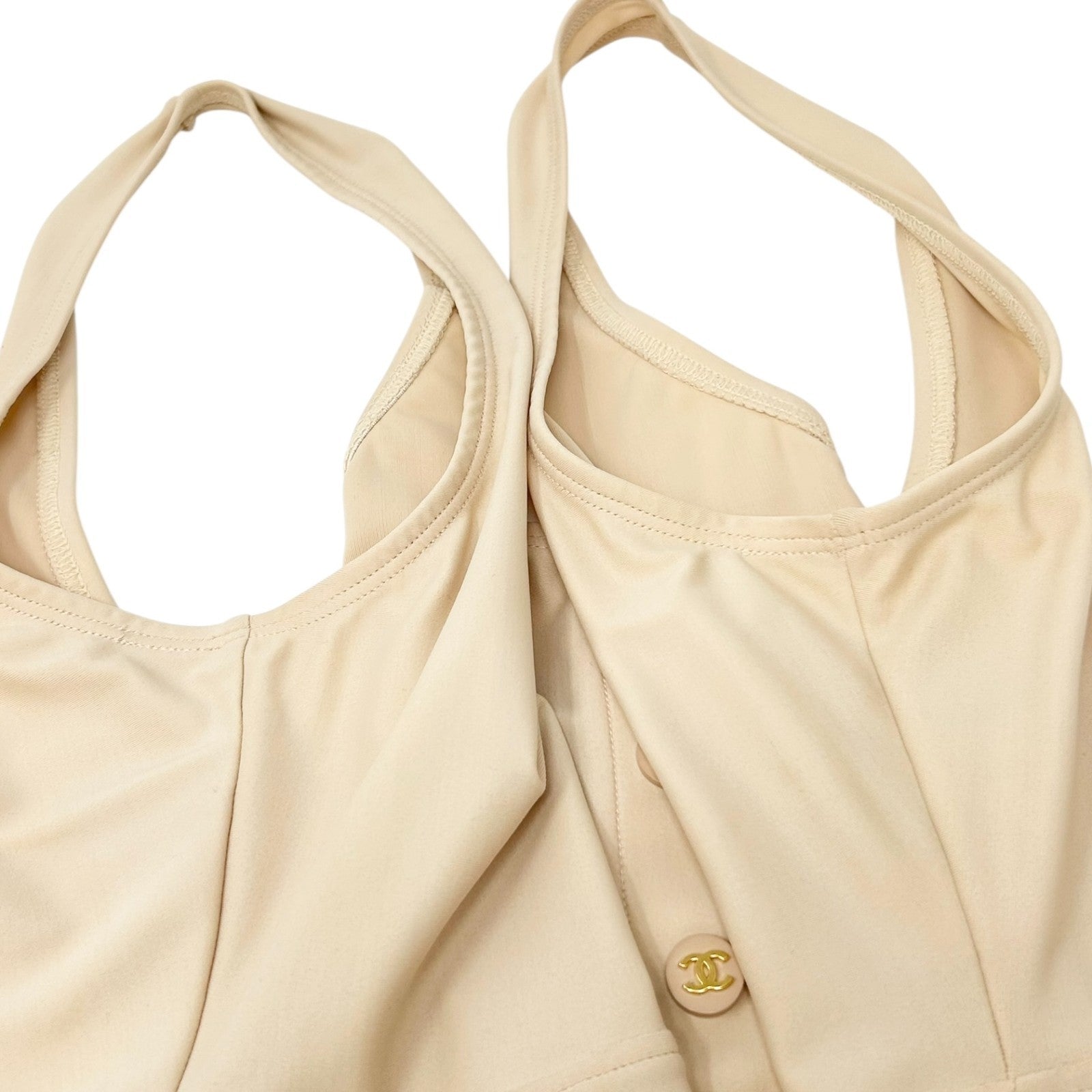 CHANEL Vintage 97C CC Logo Swimsuit Swimwear One-piece Button #40 Beige Nylon