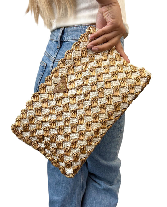PRADA Vintage Triangle Logo Raffia Clutch Bag Beige White Crochet Woven Pattern