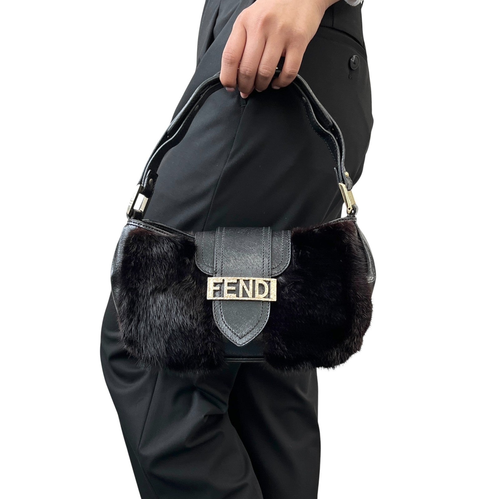 FENDI Vintage Logo Fur Baguette Mini Shoulder Bag Handbag Black Gold Leather