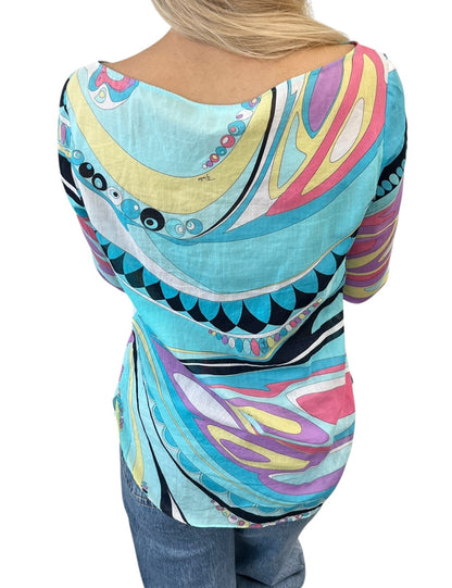 EMILIO PUCCI Vintage Logo Multicolor Abstract Print Tunic Top Blue 901935
