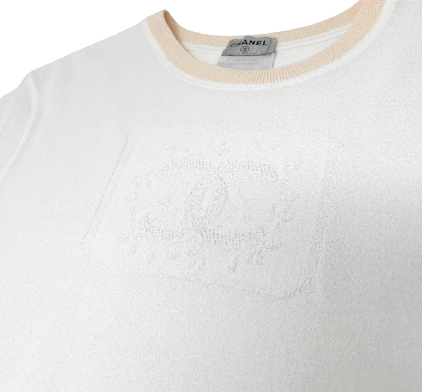 CHANEL Vintage 04C CC Logo Knit Top #42 Pullover White Beige Rayon Polyester