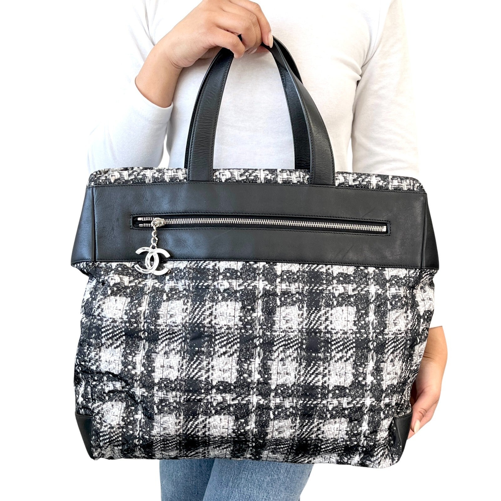 CHANEL Vintage 2013 CC Logo Tweed Print Tote Bag Black Silver Nylon Leather