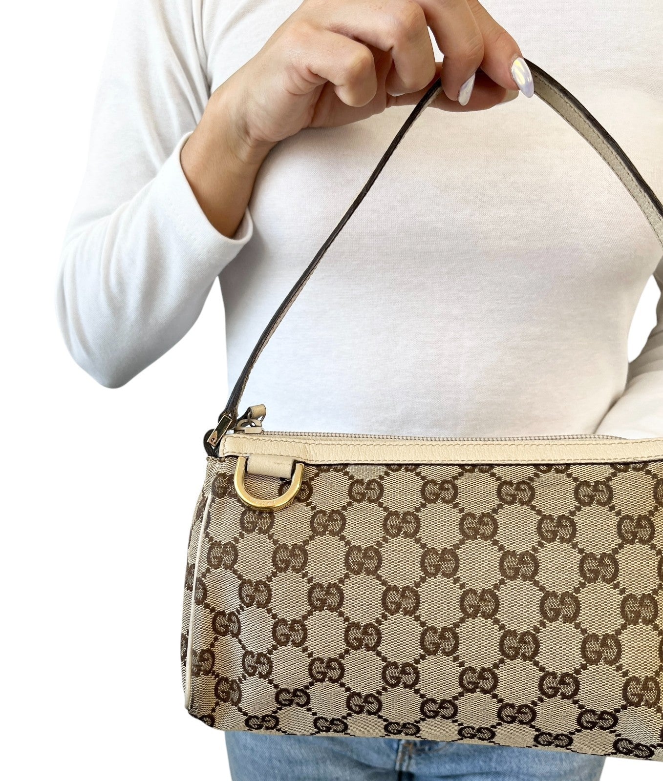 GUCCI Vintage GG Monogram Abbey Logo Mini Shoulder Bag White Brown Canvas