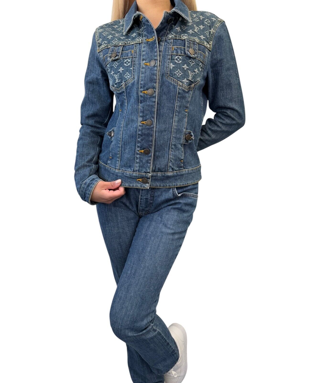 LOUIS VUITTON Vintage Monogram Denim Jacket Pants Set #38 Button Blue Cotton