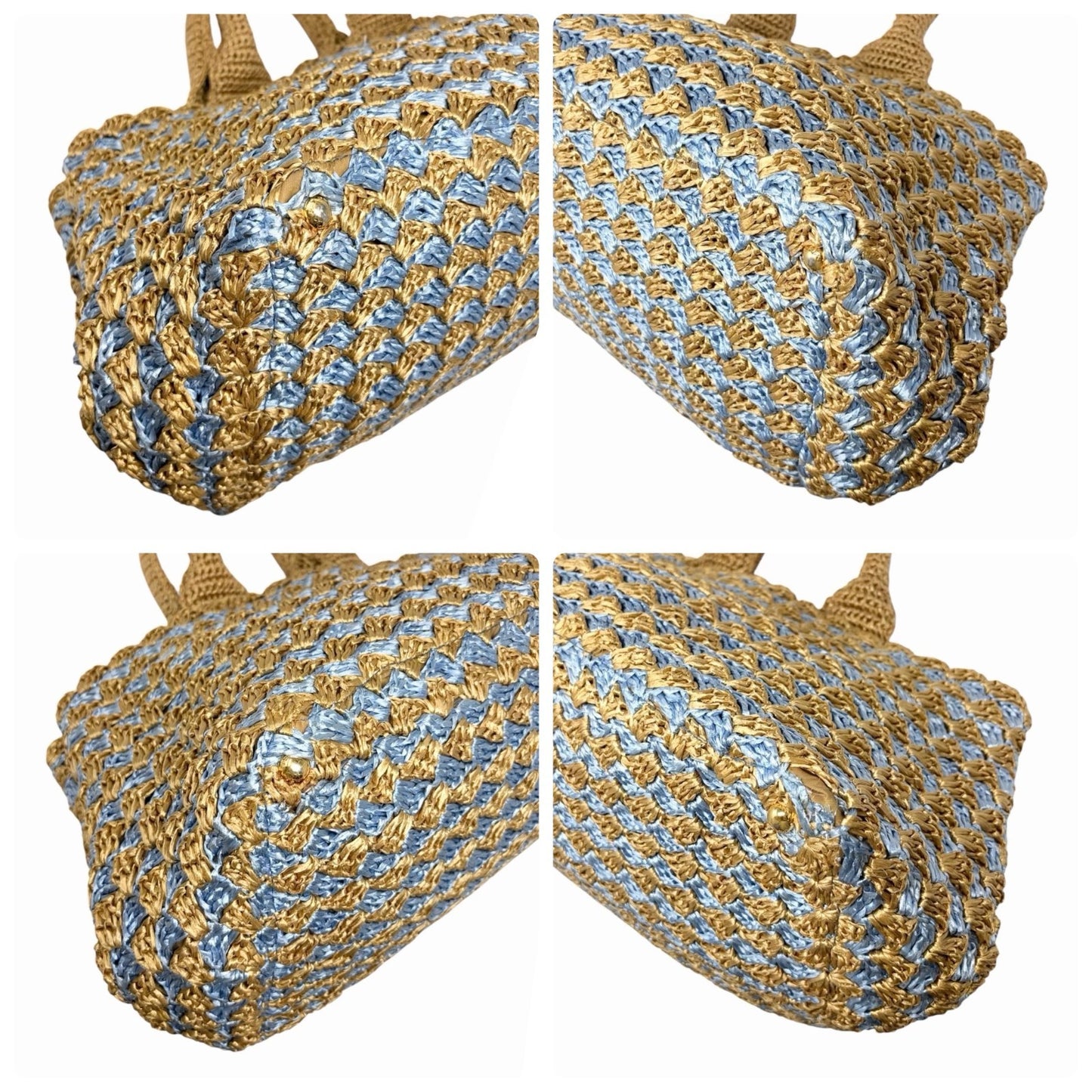PRADA Vintage Triangle Logo Raffia Canapa Tote Bag Beige Blue Crochet 902055