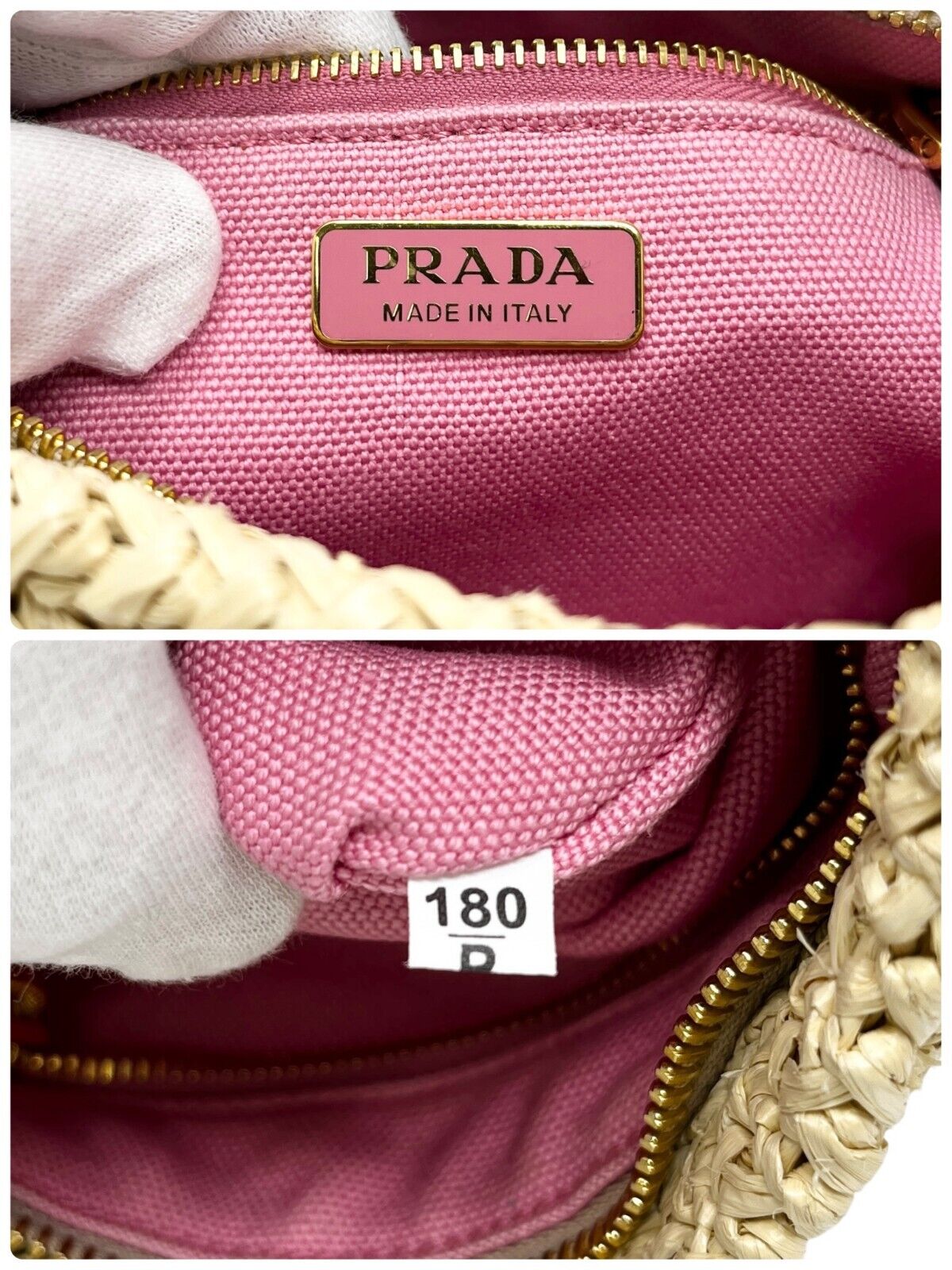 PRADA Vintage Logo Raffia Shoulder Bag Crossbody Zip Pink Cream Polyurethane