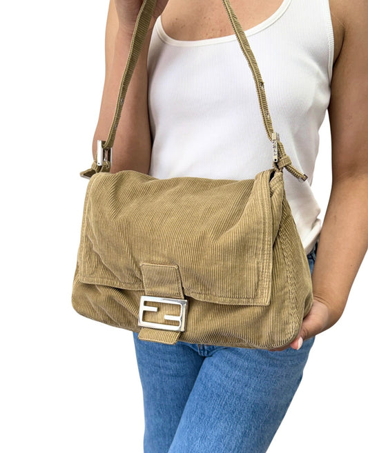 FENDI Vintage FF Logo Corduroy Mamma Baguette Shoulder Bag Light Brown 902415