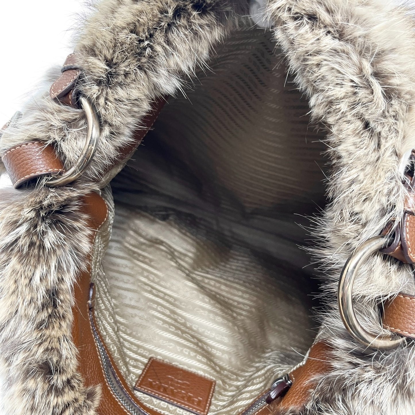 PRADA Vintage Logo Jacquard Fur Trim Canvas Shoulder Tote Bag Beige Brown