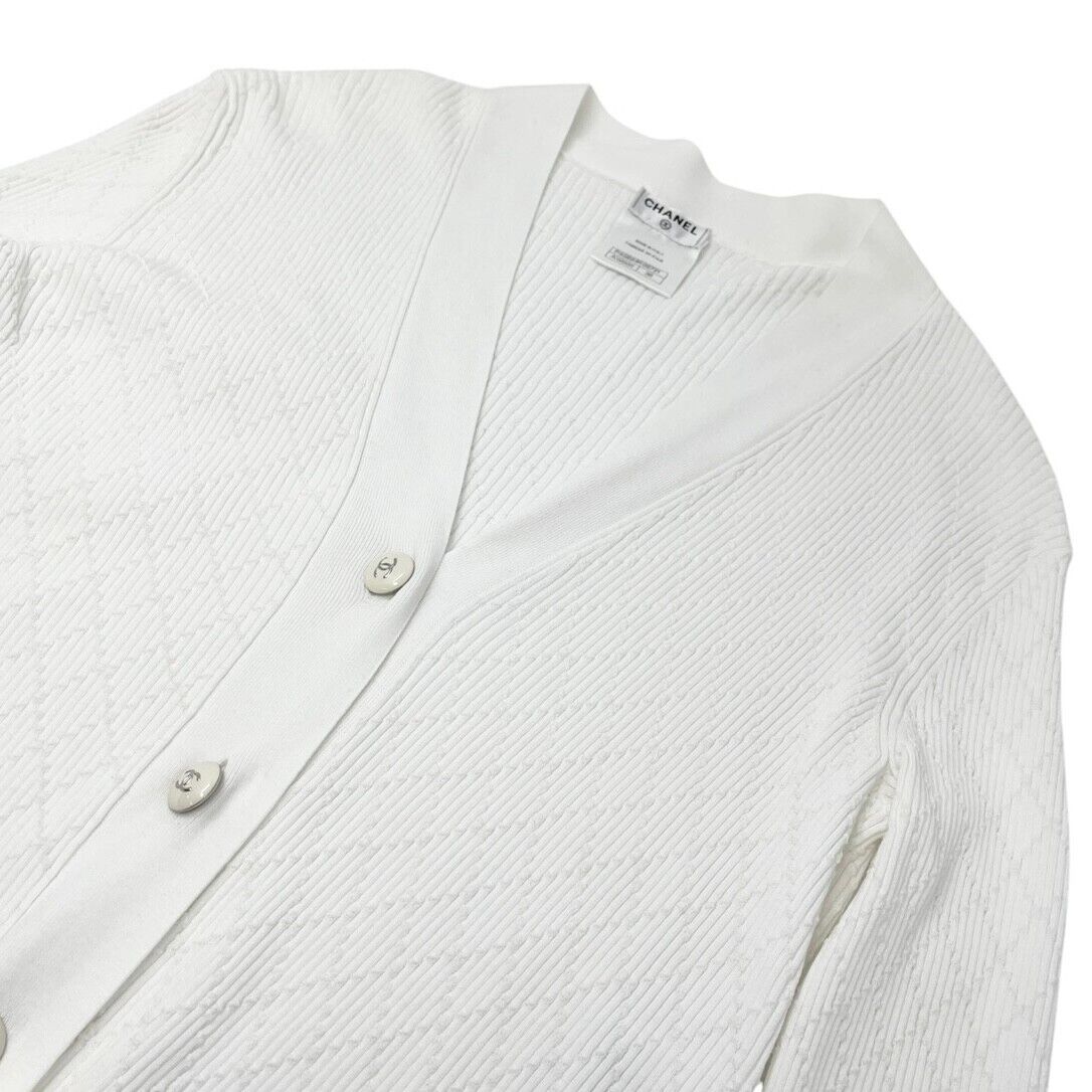 CHANEL Vintage 13P CC Mark Logo Knit Cardigan #36 White Cream Cotton Button