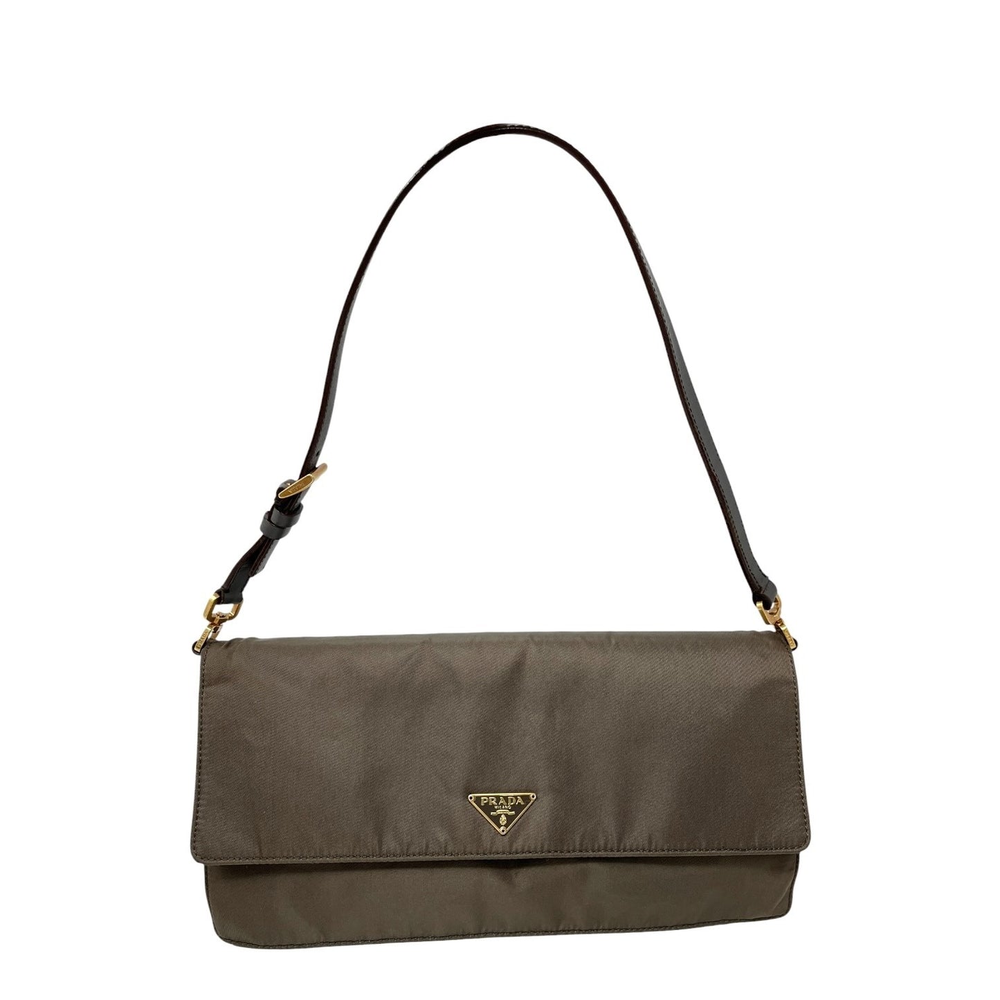 PRADA Vintage Triangle Logo Tessuto Shoulder Bag Khaki Gold Nylon 106543