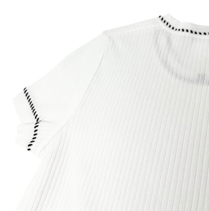 CHANEL Vintage 96P CC Rib Knit Top #38 Stitch Pullover White Black Cotton