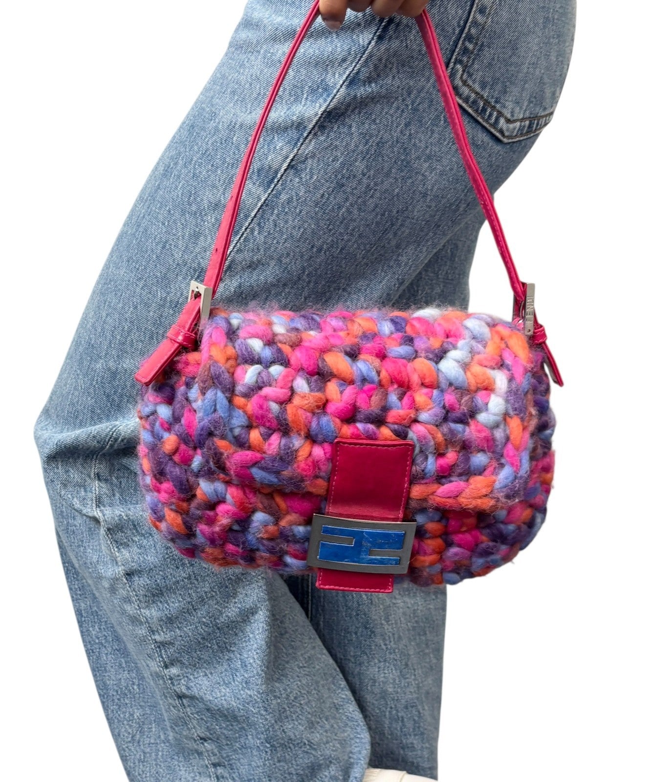 FENDI Vintage FF Logo Crochet Mamma Baguette Shoulder Bag Pink Multicolor Wool